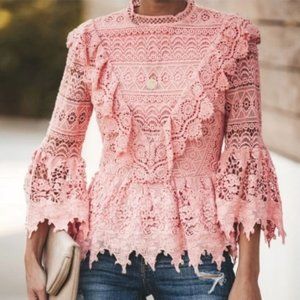 Champagne & Strawberry Regal‎ Ethereal Crochet Bell Sleeve Romantic Top